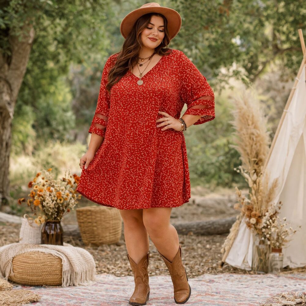 Plus Size Floral Dress Womens 2XL Red Ditsy Boho Tunic NWT Cottagecore Hippie - Picture 1 of 11